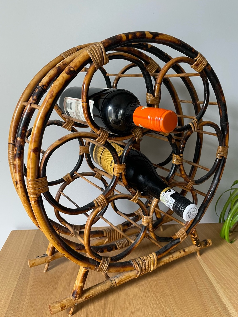 Vintage MCM Round Bamboo and Rattan Wine Rack 7 Bottle Tortoiseshell Boho 70s